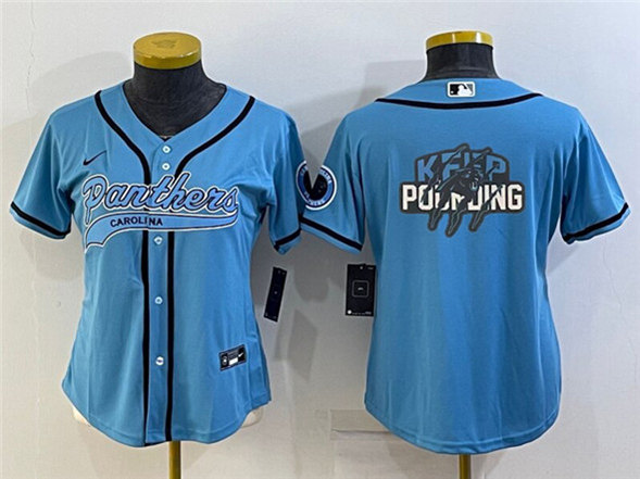 Women's Carolina Panthers Blue Team Big Logo With Patch Cool Base Stitched Baseball Jersey(Run Small)